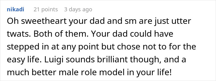Comment criticizing dad and stepmother, praising Luigi as a better male role model for the insecure teen.