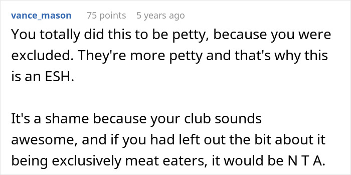 Screenshot of an online comment discussing employee pushback against a vegan-only club causing a literal beef conflict.
