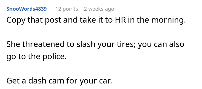 Screenshot of a social media comment advising to report a coworker conflict to HR involving threats and police action. Screenshot of a social media comment advising to report a coworker conflict to HR involving threats and police action.
