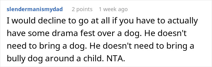 Screenshot of a Reddit comment where a user declines family vacation due to concerns about a pit bull near a baby.