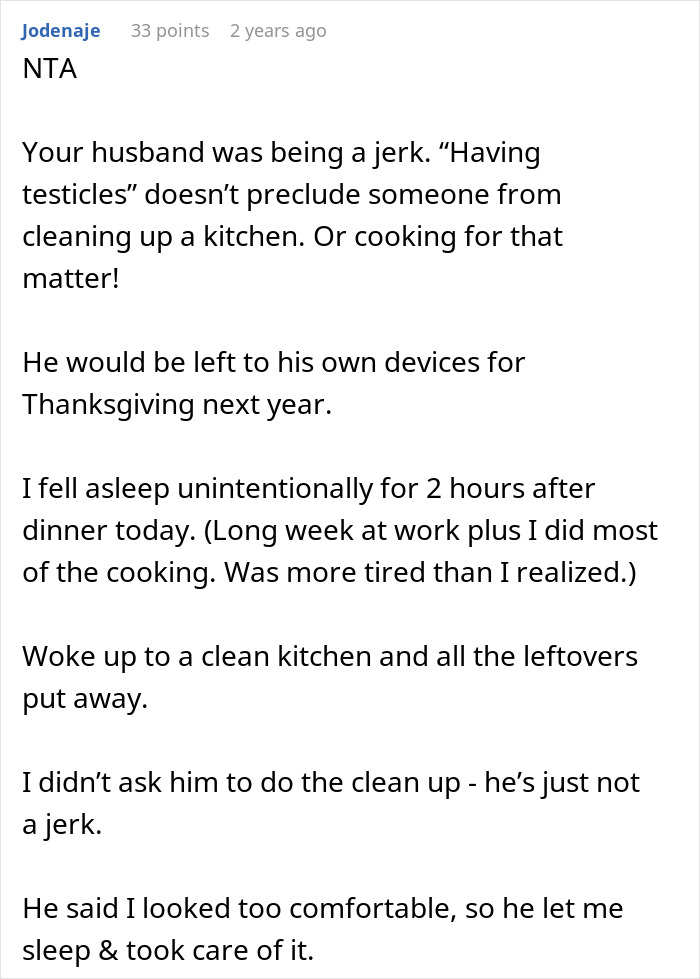 Comment discussing husband backing out of deal to help clean up after Thanksgiving meal and wife calling him out.