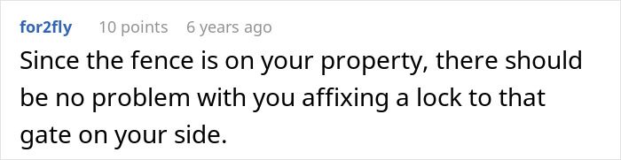 Comment about property fence with advice on affixing a lock, related to Karen Petty fence revenge discussion.