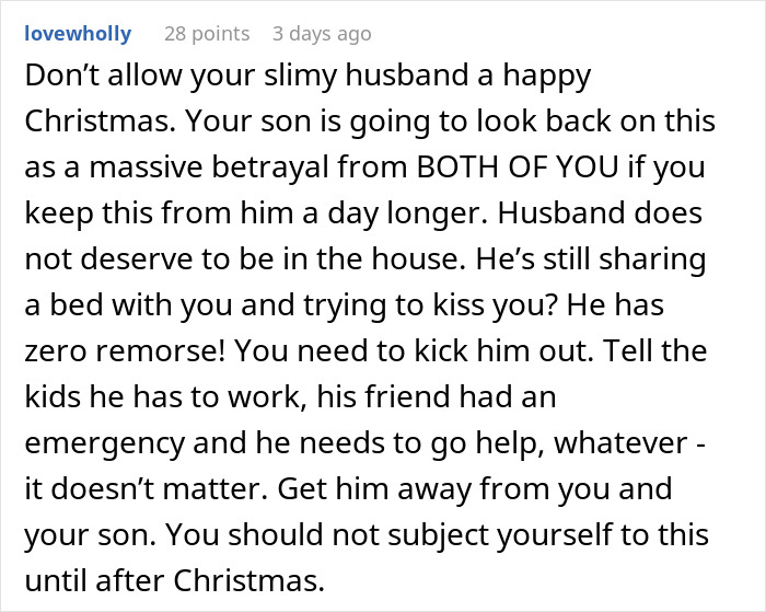 Reddit comment advising to kick out a husband amid affair doubts involving son&rsquo;s recent ex and potential baby confusion.