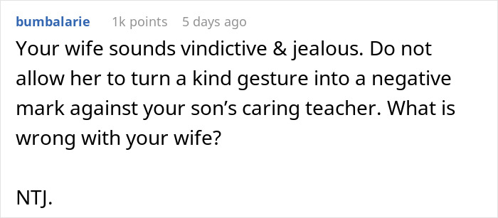 Comment on a forum post discussing a mom furious over a teacher's inappropriate note to her son and the dad's differing view.