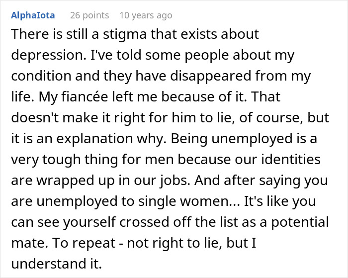 Comment discussing a woman discovering her boyfriend built their relationship on lies due to fear of losing her.