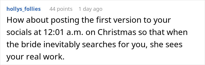 Comment discussing a plan to post a wedding illustration early so the bride sees the artist&rsquo;s original work first.