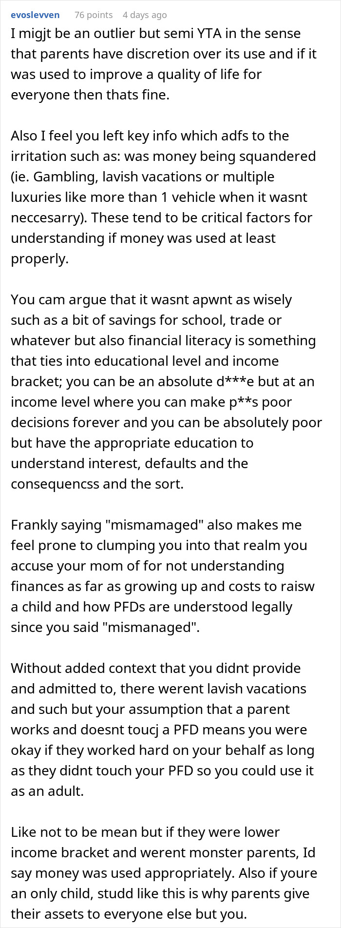 Comment discussing teen wondering about missing $30k and vague mom answers, sparking online controversy about gratitude.