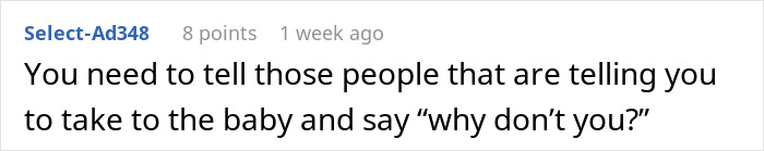 Text comment on a forum discussing a childfree woman refusing responsibility for her sister’s new baby. Text comment on a forum discussing a childfree woman refusing responsibility for her sister’s new baby.