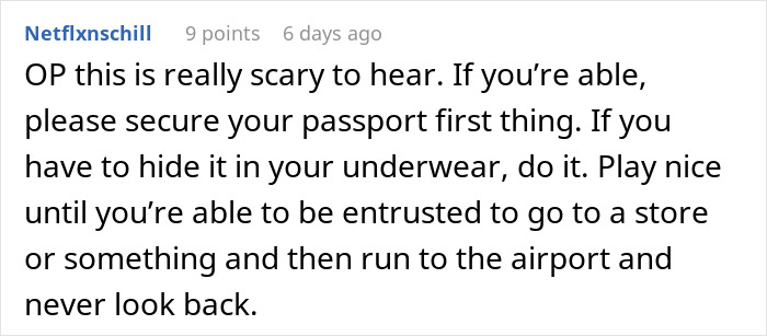 Screenshot of a Reddit comment advising someone held hostage at their parents&rsquo; place to secure their passport and escape safely.