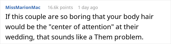 Comment on bride and groom offended by woman's hairy armpits, causing guests to feel uncomfortable at wedding.