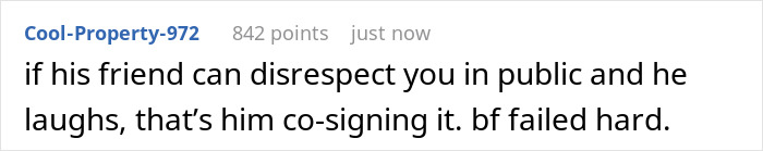 Text comment about a boyfriend laughing off a girlfriend's spending habits while a friend criticizes their behavior online.