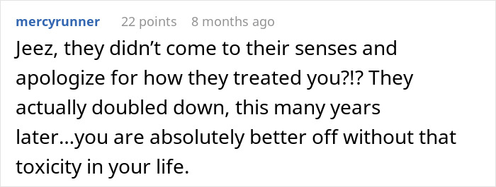 Comment text on social media expressing relief and support for someone disowned by family and free from toxicity.