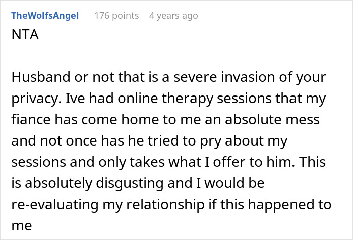 User comment discussing invasion of privacy and concerns over recording private therapy sessions by a spouse out of concern.