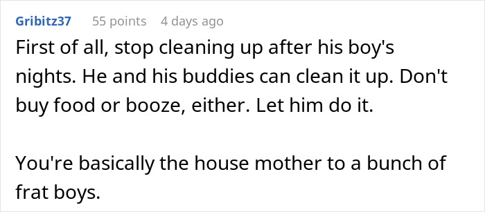 Screenshot of a Reddit comment discussing cleaning up after boys&rsquo; nights and frustration with men having friends.