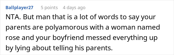 Screenshot of an online comment about a woman rethinking her engagement after fianc&eacute;&rsquo;s lie about her family causes conflict.