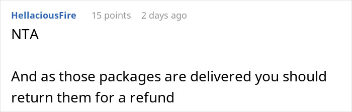 Comment from user HellaciousFire advising to return delivered packages for a refund in a marriage conflict involving financial issues.