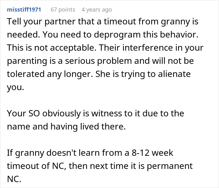 Text comment discussing setting boundaries with granny to protect parenting roles in mil-teach-toddler-mama-mother context.