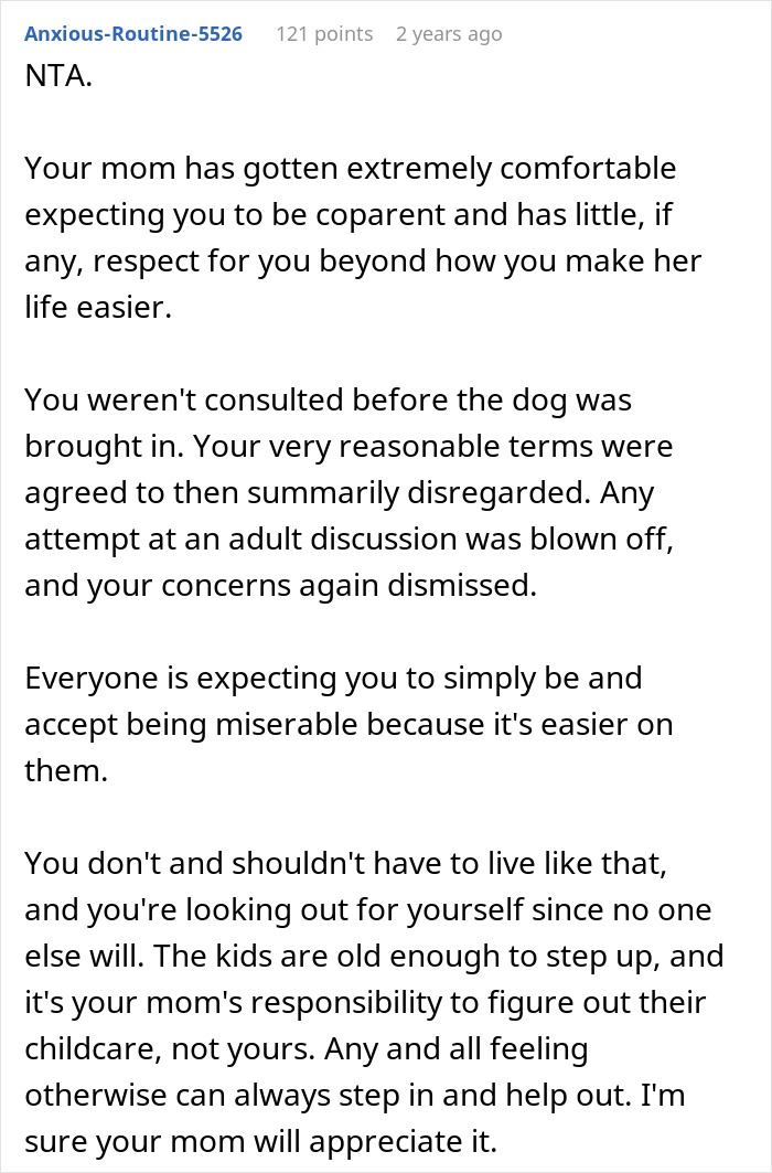 Text comment discussing family conflict over childcare responsibilities and a 23-year-old moving out.