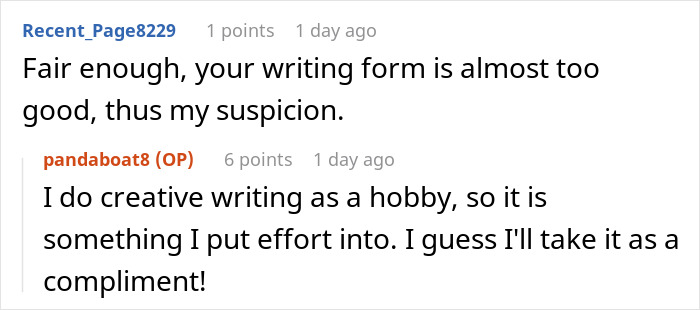 Screenshot of an online discussion about creative writing, highlighting a dad&rsquo;s petty Christmas revenge with a cheap gift.