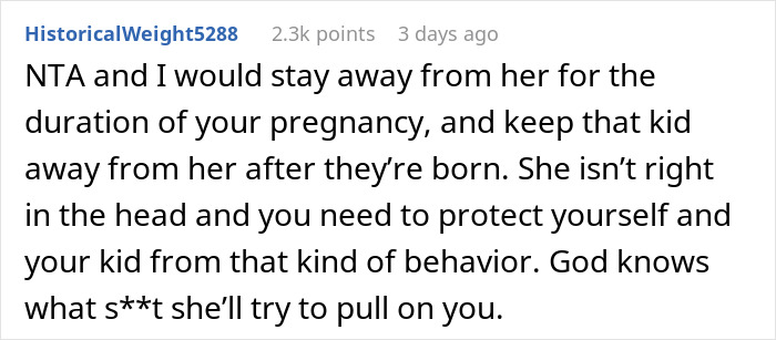 Comment warning about a woman&rsquo;s behavior and emphasizing protection during pregnancy and after birth in a family intervention context.