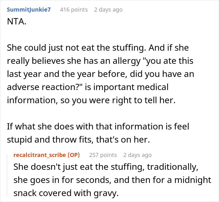 Reddit comment thread discussing a woman calling out sister-in-law for pretending to have a food allergy.