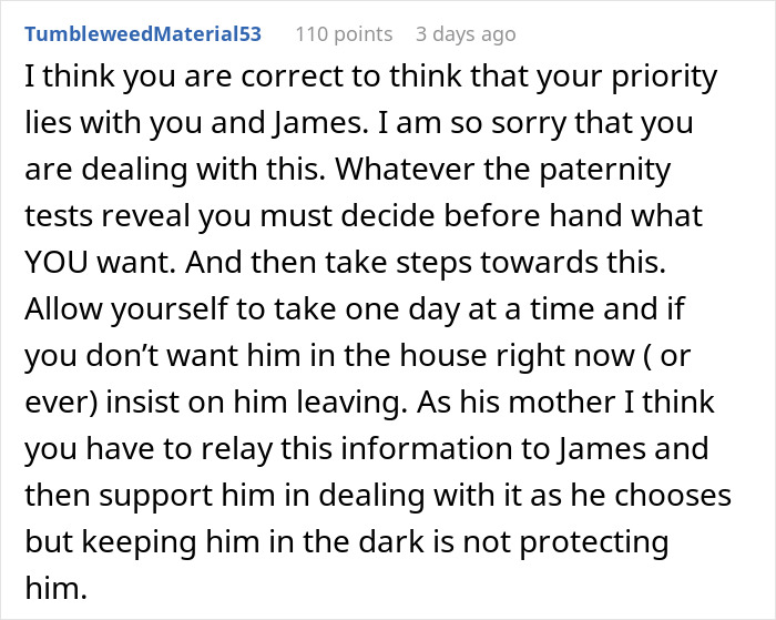 Screenshot of a Reddit comment sharing advice on paternity tests and dealing with an uncertain baby father situation.