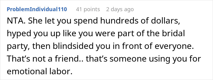 Reddit comment discussing a painful wedding dress shopping trip turning into an emotional friendship wake-up call. Reddit comment discussing a painful wedding dress shopping trip turning into an emotional friendship wake-up call.