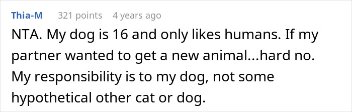 Screenshot of a user comment discussing conflict about getting a dog due to an existing old cat in the relationship. Screenshot of a user comment discussing conflict about getting a dog due to an existing old cat in the relationship.