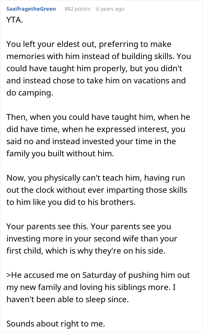 Comment on a forum about a man upset his dad didn’t pass on craft skills while half-brothers start a business using them. Comment on a forum about a man upset his dad didn’t pass on craft skills while half-brothers start a business using them.