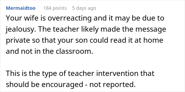 Comment discussing a mom furious over a teacher's intervention note to her son while dad thinks she&rsquo;s overreacting.