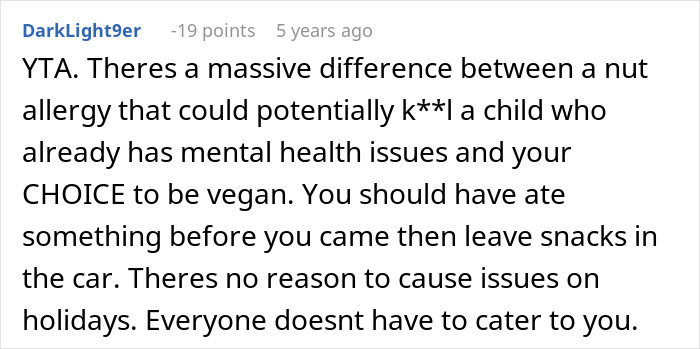 Comment discussion about no vegan options Christmas Eve dinner and the impact of dietary choices on health issues.