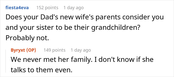 Reddit conversation about a dad cutting off late wife&rsquo;s family and teen calling him out over new baby demands.