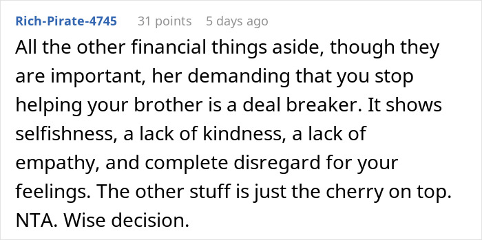 Screenshot of a Reddit comment discussing a groom ending relationship due to debt and clashing values over wedding costs. Screenshot of a Reddit comment discussing a groom ending relationship due to debt and clashing values over wedding costs.