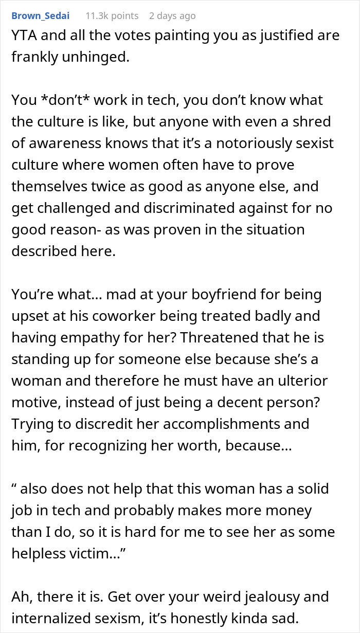 Text excerpt discussing misogyny in tech culture, female colleagues facing discrimination, and jealousy from a girlfriend.