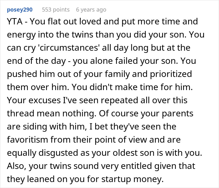 Text comment discussing family favoritism and upset over craft skills not passed down, while half-brothers start a business. Text comment discussing family favoritism and upset over craft skills not passed down, while half-brothers start a business.