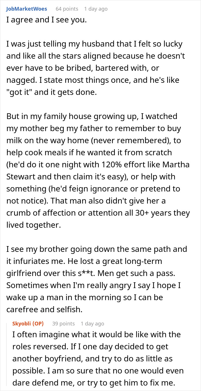 Reddit comments discussing patterns men in relationships follow and frustrations from a single woman's perspective.