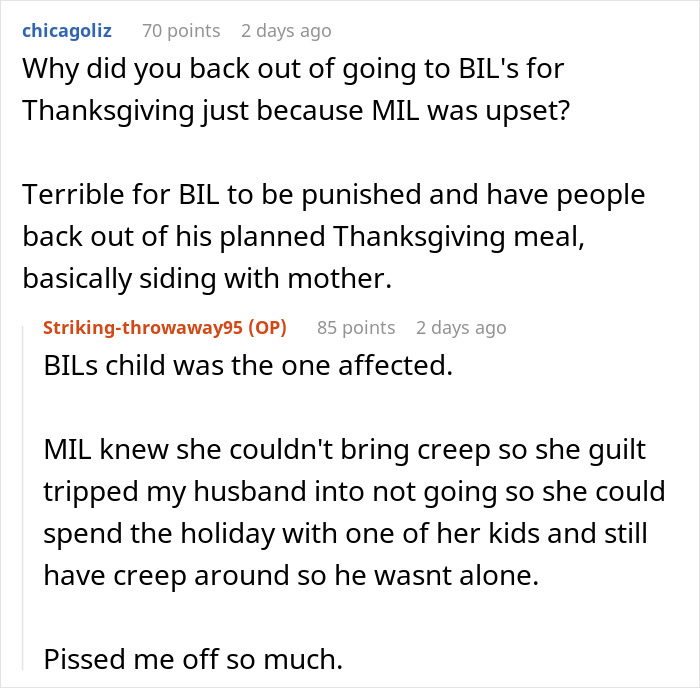 Reddit conversation about banning MIL&rsquo;s creepy husband from home and marriage issues caused by family conflict.