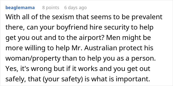 Comment suggesting hiring security for help escaping while being held hostage at parents&rsquo; place for safety and protection.