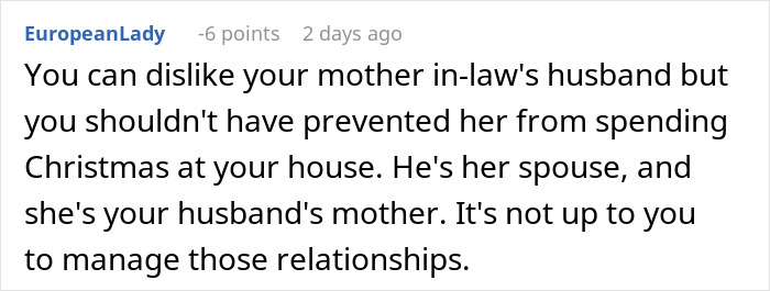 Comment discussing banning mother-in-law&rsquo;s husband from home affecting marriage and family relationships.