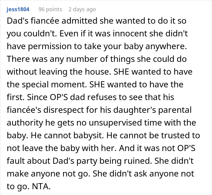 Comment explaining babysitting privileges lost after step-grandma sneaks baby to Santa, highlighting parental authority issues.