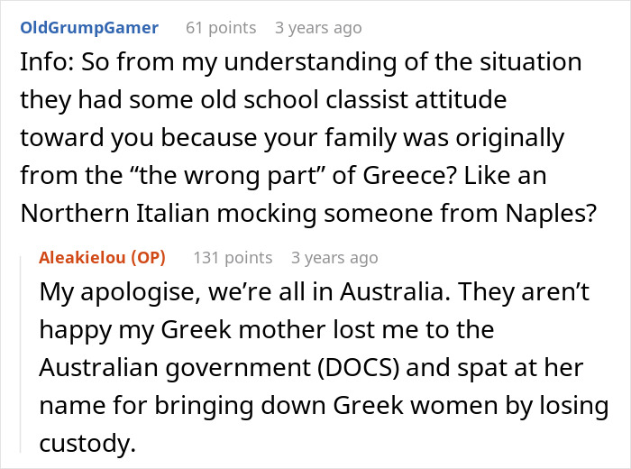 Text exchange discussing classist attitudes and repressed rage toward mother-in-law in an intense family conflict.