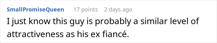 Screenshot of a social media comment discussing attractiveness related to fianc&eacute; and ex-fianc&eacute; in a relationship context.