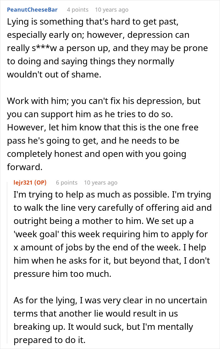 Screenshot of an online discussion about a woman dealing with her boyfriend&rsquo;s repeated lying and relationship struggles.