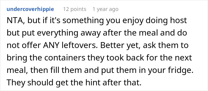 Comment suggesting hosting tips to avoid Thanksgiving leftovers being taken and fridge left empty after family visits.