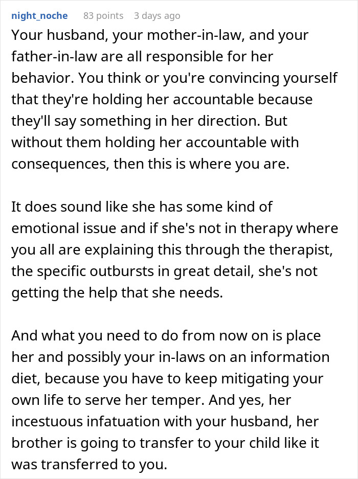 Comment discussing family intervention and emotional issues in a woman hospitalized due to obsession with her brother.