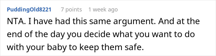 Comment discussing a new mom deciding to prioritize her baby's safety over family vacation due to concerns about a pit bull.