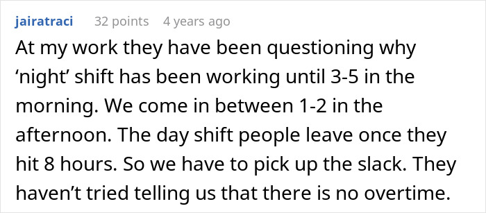 Comment about night shift working late at a coffee shop, showing conflict from manager forcing rules and backfire next day.