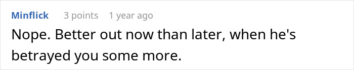 Screenshot of an online comment reacting to a couple split at altar story where bride overhears groom’s unexpected revelations. Screenshot of an online comment reacting to a couple split at altar story where bride overhears groom’s unexpected revelations.