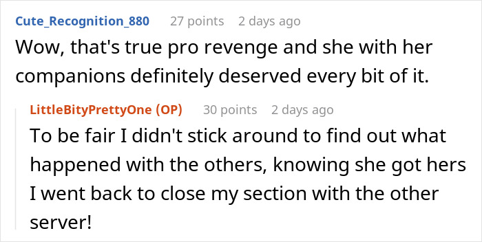 Online conversation showing comments about a waitress who forgot her manners and staff served perfect revenge. Online conversation showing comments about a waitress who forgot her manners and staff served perfect revenge.