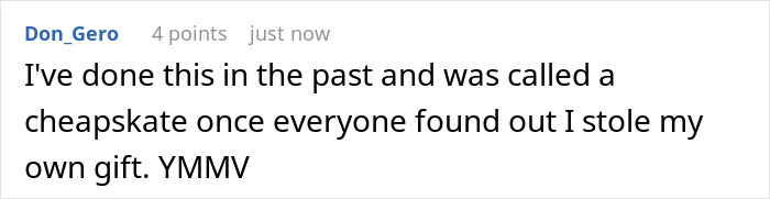 Comment on a forum about stealing own white elephant gift and reactions, discussing if refund move is genius or rude.